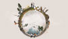 A small planet bustling with life, featuring tiny people and intricate buildings.
